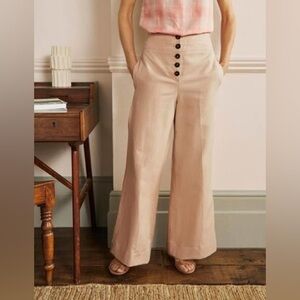 Boden Beige High Waist Wide Leg Button Fly Trouser Pants Size 12 NWT